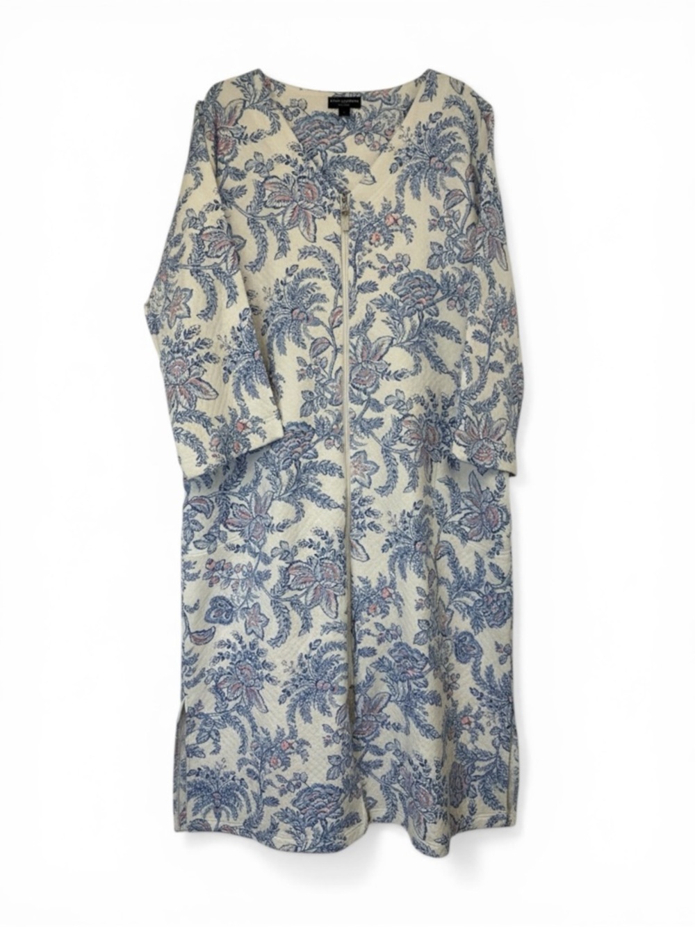 NWT Miss Elaine Quilted Floral Robe White Blue Pink 3/4 Sleeve XL